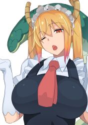 Rule 34 | 1girl, apron, blonde hair, breasts, dragon girl, dragon horns, dragon tail, gloves, horns, kobayashi-san chi no maidragon, large breasts, looking at viewer, maid, maid headdress, necktie, one eye closed, open mouth, orange eyes, shirabe shiki, shrugging, simple background, solo, tail, tohru (maidragon), white background