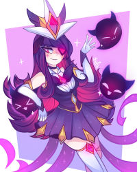 Rule 34 | 1girl, alternate costume, alternate hair color, alternate hairstyle, boots, elbow gloves, energy ball, eyepatch, familiar, forehead protector, gloves, grin, highres, league of legends, long hair, magical girl, mimi-loves-foxes, purple eyes, purple hair, skirt, smile, solo, star (symbol), star guardian (league of legends), star guardian syndra, syndra