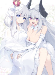 2girls asicah asta_(asicah) bare_shoulders blue_eyes blush bow bowtie breasts cleavage closed_mouth commentary crown detached_collar dioreta_(asicah) dress earrings elbow_gloves fang feet_out_of_frame fingerless_gloves flower gloves grey_hair highres horns invisible_chair jewelry large_breasts lily_(flower) long_hair looking_at_viewer mini_crown multiple_girls open_mouth original pink_eyes sidelocks sitting small_breasts smile strapless strapless_dress symbol-only_commentary tiara white_dress white_gloves