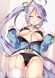 Rule 34 | 1girl, ahoge, azur lane, bare shoulders, bikini, black bikini, blue eyes, blue jacket, blush, breasts, cleavage, cleft of venus, commentary request, garter straps, gluteal fold, groin, heart, heart-shaped pupils, heart ahoge, highres, jacket, large breasts, long hair, looking at viewer, mouth hold, off shoulder, one eye closed, open mouth, portland (azur lane), revision, shiny skin, side ponytail, sidelocks, skirt, smile, star (symbol), star print, swimsuit, symbol-shaped pupils, thighhighs, unacchi (nyusankin), untied bikini, very long hair