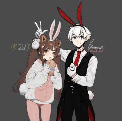 Rule 34 | 1boy, 1girl, :o, animal ears, black pants, black vest, blouse, blue eyes, brown eyes, brown hair, closed mouth, collaboration, commentary, egg, english commentary, extra ears, fake animal ears, fang, fang out, gloves, highres, holding, holding egg, indie virtual youtuber, leggings, long hair, long sleeves, looking at viewer, necktie, open mouth, pants, pointy ears, rabbit ears, red necktie, shirt, smile, standing, tailcoat, teru (terupancake), terupancake, twintails, unsomnus, vest, virtual youtuber, w, white gloves, white hair, white shirt, wing collar, wrist cuffs