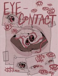 Rule 34 | body horror, chewing, drawing, english text, eye focus, eye symbol, eyeball, eyelashes, highres, poster (medium), sallllltywater, scp-7932, scp foundation, tape, teeth, tendril, tongue