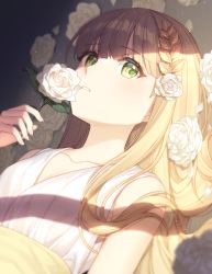 Rule 34 | 1girl, bare shoulders, blonde hair, blunt bangs, blurry, blurry background, blurry foreground, breasts, collarbone, commentary request, eyelashes, flower, green eyes, hair flower, hair ornament, hair over shoulder, hand up, highres, holding, holding flower, jenevan, light blush, looking at viewer, lying, on back, original, rose, shaded face, shadow, small breasts, solo, upper body, white flower, white rose