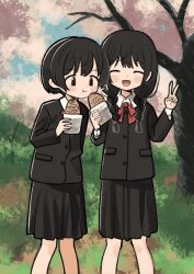 Rule 34 | 2girls, ^ ^, absurdres, black eyes, black hair, black jacket, black skirt, braid, buttons, closed eyes, closed mouth, collared shirt, commentary, day, eating, feet out of frame, food, highres, holding, holding food, jacket, long hair, long sleeves, low twin braids, multiple girls, neck ribbon, numamomi, open mouth, original, outdoors, red ribbon, ribbon, school uniform, sharing food, shirt, short hair, skirt, smile, standing, taiyaki, tareme, tree, twin braids, v, wagashi