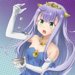 Rule 34 | 10s, 1girl, anti (untea9), bare shoulders, blue background, blunt bangs, blush, bowl, dice, dress, dropping, elbow gloves, gloves, gradient background, green eyes, long hair, motion blur, open mouth, outbreak company, petralka anne eldant iii, purple background, purple hair, smile, solo, sweatdrop, thighhighs, tiara, white gloves