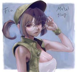 Rule 34 | 1girl, baseball cap, breasts, brown eyes, brown hair, character name, commentary request, copyright name, fio germi, glasses, hat, highres, hiro1984, large breasts, lips, looking at viewer, metal slug, military, ponytail, round eyewear, shiny skin, simple background, solo, upper body, vest