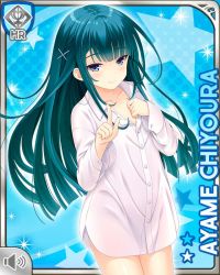 Rule 34 | 1girl, aqua hair, blue background, bottomless, card (medium), character name, chiyoura ayame, closed mouth, collarbone, girlfriend (kari), hair ornament, long hair, official art, pointing, pointing up, purple eyes, qp:flapper, red skirt, shirt, skirt, smile, tagme, white shirt, x hair ornament