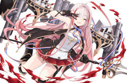 Rule 34 | 1girl, ahoge, armored boots, azur lane, bare shoulders, boots, breasts, dress, fangs, french flag, gloves, highres, holding, holding scepter, holding weapon, huge ahoge, long hair, looking at viewer, machinery, marble (marblesized), miniskirt, neck ribbon, one eye closed, partially fingerless gloves, pink hair, pleated skirt, red eyes, red skirt, ribbon, scepter, skirt, sleeveless, sleeveless dress, small breasts, smile, solo, thigh strap, thighs, torpedo tubes, turret, v, vauquelin (azur lane), very long hair, weapon