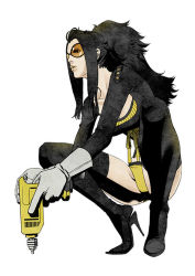 Rule 34 | 1girl, black hair, breasts, dr. naomi, drill, female focus, full body, glasses, gloves, grasshopper manufacture, high heels, highres, kneeling, long hair, no more heroes, official art, power drill, power tool, shoes, simple background, solo, sunglasses, thighhighs, white background
