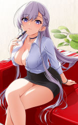 Rule 34 | 1girl, alternate costume, arm behind back, arm support, azur lane, belfast (azur lane), black skirt, braid, breasts, cleavage, closed mouth, collarbone, collared shirt, couch, crossed legs, french braid, grey hair, hair between eyes, highres, holding, holding pen, korean commentary, large breasts, leaf, long hair, long sleeves, looking at viewer, ma giju, office lady, partially unbuttoned, pen, pencil skirt, purple eyes, shadow, shirt, sidelocks, sitting, skirt, smile, solo, watch, white shirt, wristwatch