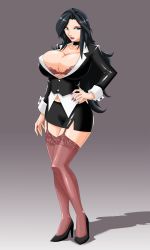 Rule 34 | 1girl, absurdres, aqua eyes, black footwear, black hair, black skirt, bra, breasts, bursting breasts, choker, cleavage, collar, devil-v, garter straps, gradient background, hand on own hip, high heels, highres, huge breasts, jacket, lingerie, lips, lipstick, long hair, long sleeves, makeup, miniskirt, nail polish, navel, no shirt, office lady, open mouth, shadow, shiny clothes, shiny skin, shoes, side slit, skirt, solo, standing, underwear