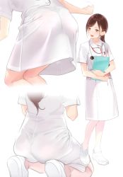 Rule 34 | 1girl, absurdres, ama mitsuki, ass, bare legs, breast pocket, brown hair, clipboard, full body, highres, holding, holding clipboard, kneeling, long hair, looking to the side, lower body, medical scrubs, multiple views, non-web source, nurse, open clothes, original, pocket, ponytail, scan, shoes, short sleeves, stethoscope, swept bangs, watch, white background, white footwear, wristwatch, yellow eyes