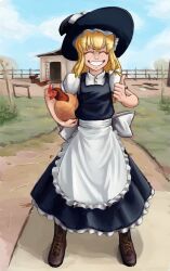 Rule 34 | 1girl, absurdres, apron, bird, black headwear, blonde hair, blue sky, braid, brown footwear, chicken, closed eyes, cloud, commentary, cross-laced footwear, english commentary, facing viewer, full body, grass, hat, highres, kirisame marisa, meeshammybr, outdoors, short sleeves, side braid, single braid, sky, smile, standing, thumbs up, touhou, v-shaped eyebrows, waist apron, white apron, witch hat