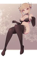 Rule 34 | 1girl, bad id, bad twitter id, bare shoulders, blonde hair, blunt bangs, boku no hero academia, bottomless, bra, breasts, brown bra, brown gloves, brown thighhighs, choker, closed mouth, double bun, elbow gloves, gloves, hair bun, highres, knees together feet apart, lamb-oic029, looking at viewer, medium breasts, medium hair, messy hair, navel, seductive smile, smile, solo, thighhighs, toga himiko, underwear, yellow eyes