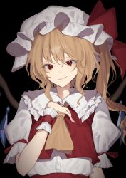 Rule 34 | 1girl, ascot, black background, blonde hair, bow, commentary request, crystal, eyebrows hidden by hair, eyeshadow, flandre scarlet, flat chest, frilled shirt collar, frills, hair between eyes, hand on own chest, hand up, hat, hat bow, highres, kozomezuki, light smile, looking at viewer, makeup, mob cap, one side up, parted lips, puffy short sleeves, puffy sleeves, red bow, red eyes, red eyeshadow, red vest, short hair, short sleeves, sidelocks, simple background, solo, touhou, upper body, vest, white hat, wings, wrist cuffs, yellow ascot