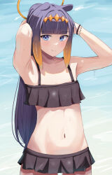 Rule 34 | 1girl, absurdres, armpits, arms up, bare arms, bikini, black bikini, blue eyes, blunt bangs, breasts, closed mouth, collarbone, commentary, frilled bikini, frills, gradient hair, halo, highres, hololive, hololive english, ku roiko, light blush, long hair, looking at viewer, mole, mole under eye, multicolored hair, navel, ninomae ina&#039;nis, orange hair, purple hair, small breasts, solo, standing, stomach, swimsuit, tentacle hair, virtual youtuber, water, wet, wristband