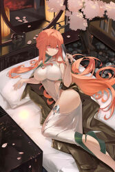 Rule 34 | 1girl, absurdres, azur lane, bare shoulders, breasts, china dress, chinese clothes, dress, foot out of frame, green footwear, hair between eyes, hand fan, high heels, highres, holding, holding fan, large breasts, lilin (pixiv 25958194), long hair, lying, official alternate costume, on bed, on side, perseus (azur lane), perseus (spring lackadaisical leisure) (azur lane), pillow, pink eyes, pink petals, red hair, shoes, sideless outfit, sleeveless, sleeveless dress, solo, stone floor, very long hair, white dress