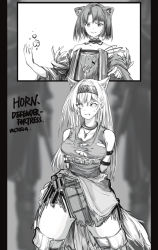 Rule 34 | 2girls, absurdres, animal ears, arknights, arms behind back, bare shoulders, breasts, cat ears, character name, chinese commentary, choker, commentary request, cowboy shot, dress, greyscale, hairband, highres, horn (arknights), long hair, mandragora (arknights), medium breasts, monochrome, multiple girls, off-shoulder dress, off shoulder, pillarboxed, short hair, standing, tank top, thighhighs, thighs, upper body, wolf ears, zarathuta
