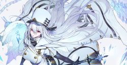 Rule 34 | 1girl, absurdres, azur lane, black gloves, breasts, chain, chyan, cloak, coat, commentary, copyright name, cowboy shot, elbow gloves, english commentary, floating hair, fur hat, gloves, hair between eyes, hat, highres, ice, large breasts, long hair, looking at viewer, military, military uniform, red eyes, silver hair, simple background, smile, solo, sovetskaya rossiya (azur lane), sword, turret, uniform, ushanka, weapon, white background, white cloak, white coat, white hat, wind