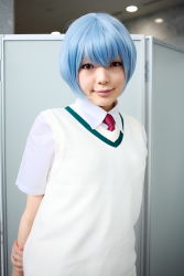 Rule 34 | 1girl, alternate costume, asian, ayanami rei, blue hair, breasts, color contacts, cosplay, highres, indoors, looking at viewer, namada, necktie, neon genesis evangelion, photo (medium), red eyes, red necktie, school uniform, shirt, short hair, short sleeves, skirt, small breasts, smile, solo, standing, sweater vest, white shirt