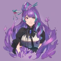 Rule 34 | 1girl, asymmetrical clothes, black neckwear, blue hair, closed mouth, cropped torso, hair ornament, hairpin, long hair, looking at viewer, macross, macross delta, mikumo guynemer, multicolored hair, purple background, purple hair, red eyes, shimatani azu, simple background, sketch, smile, solo, two-tone hair, upper body, very long hair