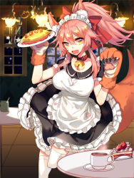 Rule 34 | 1girl, absurdres, almond (artist), alternate costume, animal ears, animal hands, apron, bad id, bad pixiv id, bell, breasts, cake, cat hair ornament, cat paws, coffee, collar, enmaided, fangs, fate/grand order, fate (series), food, fox ears, fox tail, gloves, hair ornament, hair ribbon, highres, indoors, jingle bell, large breasts, looking at viewer, maid, maid apron, maid headdress, neck bell, open mouth, paw gloves, paw shoes, pink hair, ponytail, red ribbon, ribbon, shoes, solo, tail, tamamo (fate), tamamo cat (fate), tamamo cat (second ascension) (fate), thighhighs, waist apron, white thighhighs