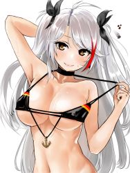 Rule 34 | 1girl, anchor, antenna hair, arm behind head, arm up, armpits, azur lane, bad id, bad pixiv id, bare arms, bare shoulders, bikini, black bikini, black ribbon, blush, breasts, brown eyes, cleavage, closed mouth, collarbone, flag print, german flag, german flag bikini, hair ribbon, head tilt, large breasts, lips, long hair, looking at viewer, miyako (miyako lplover), multicolored hair, navel, prinz eugen (azur lane), prinz eugen (unfading smile) (azur lane), red hair, ribbon, shiny skin, silver hair, simple background, smile, solo, stomach, straight hair, streaked hair, swept bangs, swimsuit, two side up, underboob, upper body, very long hair, white background