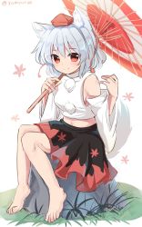 Rule 34 | 1girl, animal ears, barefoot, black skirt, closed mouth, detached sleeves, full body, grey hair, hat, highres, holding, holding umbrella, inubashiri momiji, leaf, leaf print, looking at viewer, maple leaf, navel, pom pom (clothes), ramudia (lamyun), red eyes, red hat, red skirt, rock, shirt, short hair, sitting, skirt, smile, solo, tail, tokin hat, touhou, twitter username, umbrella, white shirt, wide sleeves, wolf ears, wolf tail