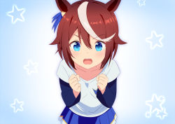 Rule 34 | 1girl, animal ears, blue background, blue eyes, blue shirt, blue skirt, brown hair, clenched hands, collarbone, commentary request, derivative work, gradient background, hair between eyes, hands up, horse ears, layered sleeves, long sleeves, looking at viewer, multicolored hair, open mouth, pleated skirt, shirt, short over long sleeves, short sleeves, skirt, solo, star (symbol), starry background, streaked hair, teeth, tokai teio (umamusume), umamusume, upper teeth only, v-shaped eyebrows, white background, white hair, yutsuki warabi