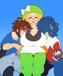 Rule 34 | 1girl, 2boys, arm around neck, beret, bianca (pokemon), blonde hair, blue background, blue hair, blue jacket, blue pants, bow, breasts, brown eyes, brown hair, bulge, cleavage, closed eyes, collarbone, creatures (company), erection, erection under clothes, game freak, glasses, green headwear, green pants, hand on another&#039;s head, hand up, hat, hat bow, highres, holding, holding poke ball, huge breasts, hugh (pokemon), jacket, long sleeves, matching hair/eyes, multiple boys, mystical, nate (pokemon), nintendo, open mouth, outline, pants, poke ball, pokemon, pokemon bw2, red-framed eyewear, red jacket, shirt, short hair, short sleeves, shorts, simple background, smile, standing, sweat, teeth, white bow, white shirt, zipper