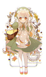 Rule 34 | 1girl, animal, artist name, basket, blush, bonnet, bow, brown footwear, brown hair, commentary request, dress, flower, full body, green dress, green headwear, hair between eyes, hands up, highres, long hair, long sleeves, looking at viewer, multicolored hair, orange hair, original, pantyhose, parted lips, puffy long sleeves, puffy sleeves, rabbit, red eyes, shoes, simple background, solo, standing, striped, striped bow, two-tone hair, very long hair, white background, white bow, white pantyhose, yellow flower, yuzuyomogi