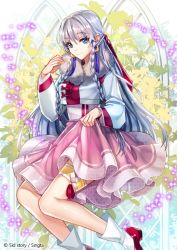 Rule 34 | 1girl, blue eyes, boots, braid, clothes lift, earrings, garter straps, invisible chair, jewelry, long hair, moon, multicolored clothes, plant, sid story, sila (carpen), silver hair, sitting, skirt, skirt lift, star (symbol), twin braids