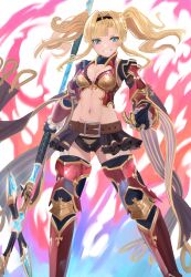 Rule 34 | 1girl, absurdres, armor, belt, black gloves, black hairband, blonde hair, blue eyes, boots, breasts, cleavage, gauntlets, gloves, granblue fantasy, groin, hair intakes, hair ornament, hairband, highres, holding, holding weapon, jourd4n, long hair, looking at viewer, medium breasts, midriff, navel, polearm, short shorts, shorts, sidelocks, skirt, smile, solo, standing, stomach, thigh boots, thighhighs, thighs, twintails, very long hair, weapon, weapon request, white background, zeta (granblue fantasy)