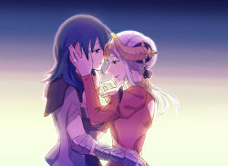 Rule 34 | 2girls, arm up, armor, back cutout, blue eyes, blue hair, breasts, byleth (female) (fire emblem), byleth (fire emblem), clothing cutout, collared dress, commentary request, couple, crying, dress, edelgard von hresvelg, face-to-face, fire emblem, fire emblem: three houses, from side, gradient background, hair between eyes, hair ornament, hand on another&#039;s cheek, hand on another&#039;s face, highres, jewelry, long sleeves, looking at another, looking away, multiple girls, nintendo, parted lips, puffy long sleeves, puffy sleeves, purple eyes, red dress, ring, riromomo, sidelocks, smile, standing, tears, upper body, white hair, yuri