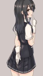 Rule 34 | 1girl, arm behind back, black hair, black skirt, black vest, blue ribbon, commentary request, cowboy shot, from behind, gloves, grey background, grey eyes, hair ornament, hairclip, highres, kantai collection, looking at viewer, neck ribbon, oyashio (kancolle), pleated skirt, ribbon, shirt, short sleeves, simple background, skirt, solo, standing, vest, wasumi kei, white gloves, white shirt