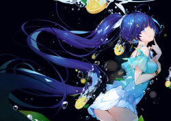 Rule 34 | 1girl, absurdly long hair, absurdres, air bubble, ass, bare shoulders, black background, blouse, blue shirt, breasts, bubble, caustics, closed mouth, commentary request, dark, dress, food, fruit, hair between eyes, hair ornament, hand on own chest, hands up, highres, honkai (series), honkai impact 3rd, in food, index finger raised, leaning forward, lemon, lemon slice, long hair, medium breasts, mini person, minigirl, off-shoulder shirt, off shoulder, purple eyes, purple hair, raiden mei, raiden mei (lightning empress), see-through, see-through sleeves, shirt, short sleeves, smile, solo, very long hair, water, white dress, yamano (yamanoh)