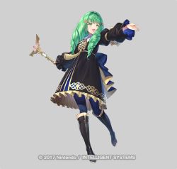 Rule 34 | 1girl, :d, black dress, black footwear, blue pantyhose, boots, copyright notice, dress, eyebrows hidden by hair, female focus, fire emblem, fire emblem: three houses, flayn (fire emblem), frilled dress, frills, full body, green eyes, green hair, grey background, hair ornament, holding, holding staff, knee boots, kousei horiguchi, long hair, long sleeves, looking away, matching hair/eyes, nintendo, official art, open mouth, outstretched arm, pantyhose, puffy long sleeves, puffy sleeves, simple background, sleeves past wrists, smile, solo, staff, standing, standing on one leg, watermark