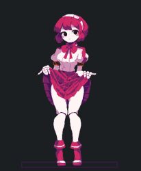 Rule 34 | 1girl, 4qw5, android, black background, black eyes, blouse, bow, bowtie, closed mouth, clothes lift, dorothy haze, full body, highres, joints, legs, lifted by self, looking at viewer, pixel art, pleated skirt, puffy short sleeves, puffy sleeves, red hair, robot joints, shirt, short sleeves, simple background, skirt, skirt lift, solo, standing, va-11 hall-a