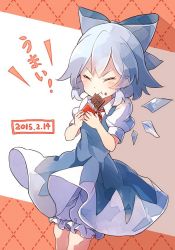 Rule 34 | 1girl, 60mai, bloomers, blue dress, blue hair, bow, chocolate, cirno, dated, dress, eating, closed eyes, fairy, food, food on face, hair ornament, hair ribbon, ice, ice wings, puffy sleeves, ribbon, short hair, short sleeves, smile, solo, text focus, touhou, underwear, vest, wings