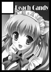 Rule 34 | 1girl, animal ears, black border, blush, border, bow, cat ears, circle cut, greyscale, long hair, looking at viewer, maid, monochrome, open mouth, original, smile, solo, yukie (peach candy)