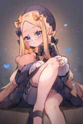 Rule 34 | 1girl, abigail williams (fate), black bow, black dress, black hat, blonde hair, bloomers, blue eyes, blush, bow, breasts, bug, butterfly, dress, fate/grand order, fate (series), forehead, hair bow, hat, highres, insect, knee up, long hair, long sleeves, looking at viewer, miya (miyaruta), orange bow, parted bangs, ribbed dress, sitting, small breasts, solo, stuffed animal, stuffed toy, teddy bear, underwear, white bloomers