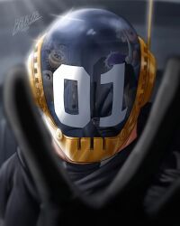 Rule 34 | 1boy, artist name, bbdbg03, black gloves, earphones, earpiece, gloves, hand up, helmet, highres, looking at viewer, male focus, numbered, one piece, reflection, signature, solo, solo focus, space helmet, upper body, vegapunk shaka