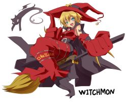 Rule 34 | 1girl, arai nobu, belt, black cat, blonde hair, broom, broom riding, cape, cat, digimon, digimon (creature), facial mark, hat, open mouth, oversized limbs, pointy ears, short hair, sidesaddle, solo, tattoo, text focus, witch hat, witchmon