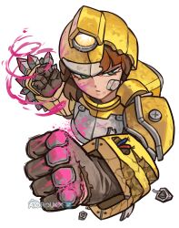 Rule 34 | 1girl, absurdres, armor, atoroux, bandage on face, bandages, battle damage, blood, blood on face, blood on hands, brown hair, clenched hands, deep rock galactic, drill, driller (deep rock galactic), green eyes, highres, injury, mining helmet, pink blood, simple background, solo, upper body