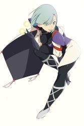 Rule 34 | 1girl, blue eyes, blue hair, bodystocking, breasts, cape, gloves, grandia, grandia i, jewelry, leen (grandia), necklace, open mouth, shino (comic penguin club), short hair, simple background, smile, solo