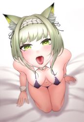 Rule 34 | 1girl, absurdres, animal ears, arknights, bare shoulders, bed sheet, black bra, black panties, blush, bra, breasts, cat ears, cleavage, collarbone, da39123, detached collar, frilled bra, frills, from above, full body, green eyes, green hair, heart, heart-shaped pupils, heavy breathing, highres, kal&#039;tsit (arknights), looking at viewer, looking up, medium breasts, navel, open mouth, panties, saliva, seiza, short hair, sitting, solo, symbol-shaped pupils, tongue, tongue out, underwear, underwear only, wrist cuffs