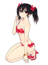 Rule 34 | 10s, 1girl, bikini, black hair, bow, bracelet, breasts, chan co, cleavage, feet, front-tie top, full body, hair bow, high heels, jewelry, love live!, love live! school idol project, medium breasts, navel, parted lips, red bikini, red eyes, sandals, shoes, short hair, side-tie bikini bottom, simple background, solo, swimsuit, toeless footwear, toes, twintails, white background, yazawa nico