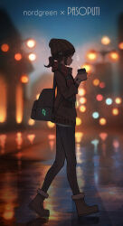Rule 34 | 1girl, absurdres, artist name, backpack, bag, beanie, blue pants, blurry, blurry background, brown hair, brown jacket, cityscape, commentary request, cup, from side, full body, glowing, hat, highres, holding, holding cup, jacket, long sleeves, night, nordgreen, original, outdoors, pants, pasoputi, plaid, plaid scarf, ponytail, puffy sleeves, red scarf, scarf, short hair, sidelocks, solo, walking, watch, wet floor, wristwatch