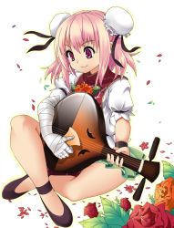 Rule 34 | 1girl, bad id, bad pixiv id, bandages, bow, breasts, bun cover, chinese clothes, double bun, female focus, flower, hair bun, ibaraki kasen, instrument, kotomuke fuurin, lute (instrument), pink eyes, pink flower, pink hair, pink rose, rose, short hair, small breasts, smile, solo, touhou