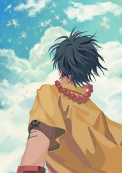 Rule 34 | 1boy, aqua sky, arm tattoo, armlet, bead necklace, beads, black hair, blue sky, bracelet, cloud, dandelion seed, from behind, from below, highres, jewelry, looking up, male focus, mulso, necklace, one piece, portgas d. ace, red necklace, shirt, short hair, short sleeves, sky, solo, tattoo, upper body, yellow shirt